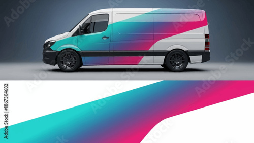 Colorful Gradient Van with Rainbow Stripes on White Background.