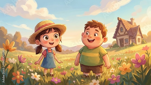 Children in the Meadow: Charming children bask in a sun-dappled meadow filled with wildflowers, joyfully experiencing a perfect day in a whimsical, storybook-like setting.