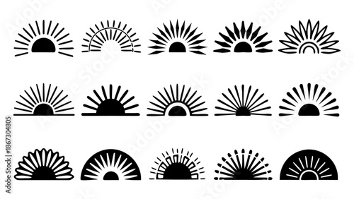 Sunrise vector icon set, sun rays dawn symbols, bohemian style abstract sunset design elements collection for branding