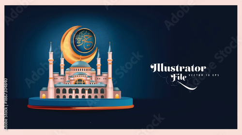 A beautifully illustrated mosque set against a deep blue background. The mosque is intricately designed with multiple minarets, domes, and arches