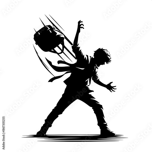 Black and White Vector Angry Boy Throwing Backpack