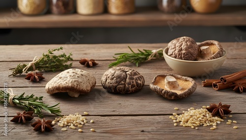 three dried shitake mushrooms on the wooden table. a type of edible fungus native to east asia