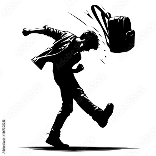 Black and White Vector Angry Boy Throwing Backpack