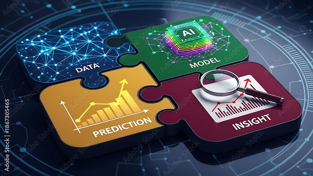 Obraz premium Interlocking glowing puzzle pieces displaying data model prediction insight representing artificial intelligence machine learning and business strategy.