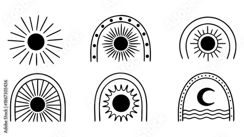 Boho sun and moon icons in line art and solid styles, isolated on a transparent background, celestial set