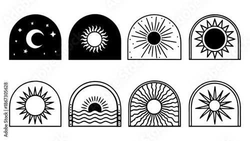 Set of eight sun and moon arch designs, modern bohemian abstract celestial elements, black mystic symbols for spiritual brand identity