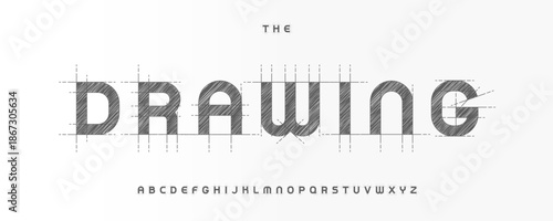 Technical Drawing Font Logo Alphabet Vector Sketch Bold Bauhaus Letters Set Modern Architecture Typography, Creative Typographic Design for Architect Title Text, Typo Poster Headline. Vector Typeface