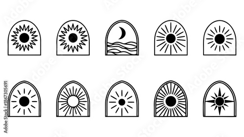 Set of ten sun and moon celestial arch designs, modern bohemian abstract elements, outline mystic symbols for spiritual astrology icons