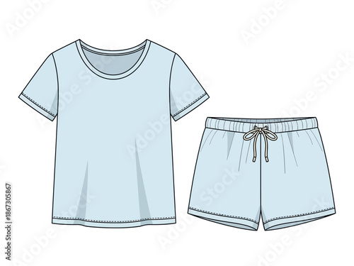 Light blue shortsleeved pajama set illustration top and drawstring shorts