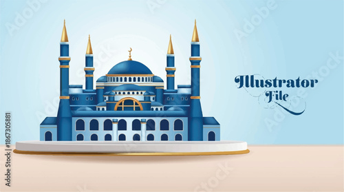 A beautifully illustrated mosque with a dome and four tall minarets.