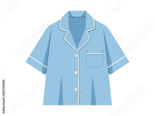 Light blue shortsleeved pajama top with white piping and buttons