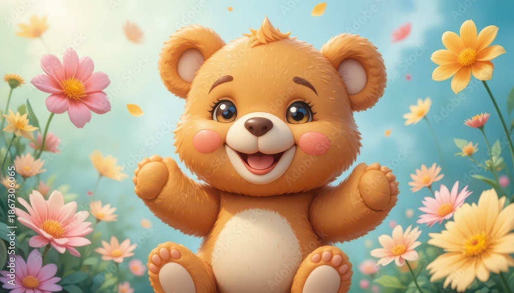 Fototapeta premium Cheerful stuffed animal bear character waving joyfully in a sunny meadow filled with spring blossoms