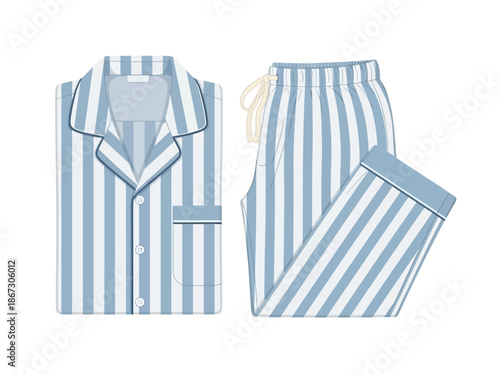 Blue and white vertically striped pajama set folded shirt and bunched pants