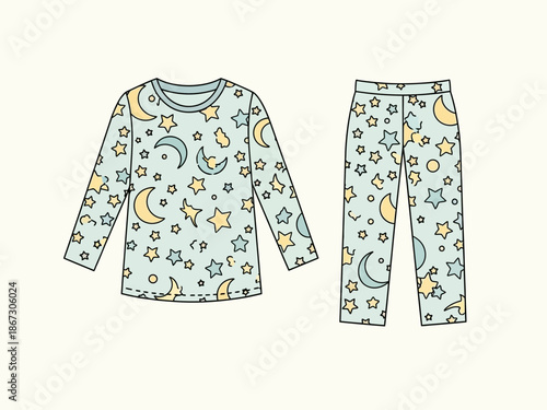 Flat illustration of longsleeved pajamas with a celestial print