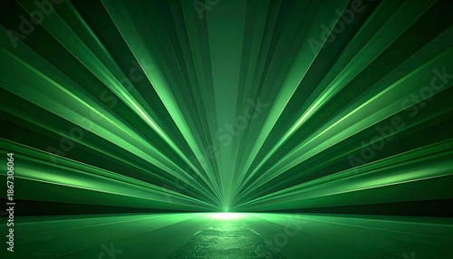 Radiant Green Light Beams Illuminating a Dark Stage.