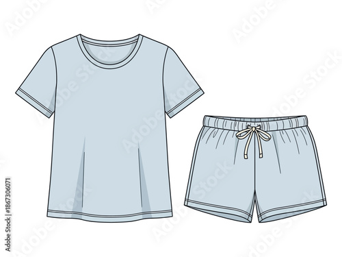 Flat technical drawing of a light blue shortsleeve tshirt and drawstring shorts set