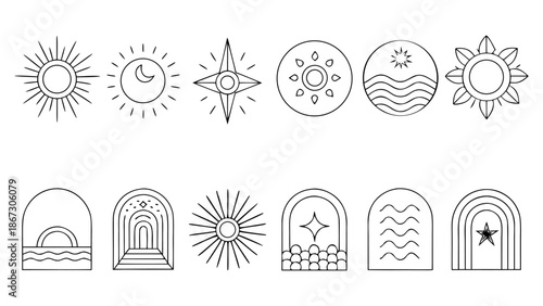 Set of 15 boho line art celestial icons, abstract sun moon stars geometric symbols, minimalist arch window waves pyramid logo elements