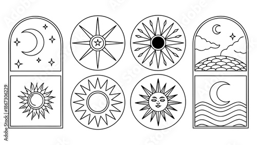 Celestial mystic line art icons collection with sun, moon, stars, and landscapes, esoteric boho symbols for magic and astrology designs