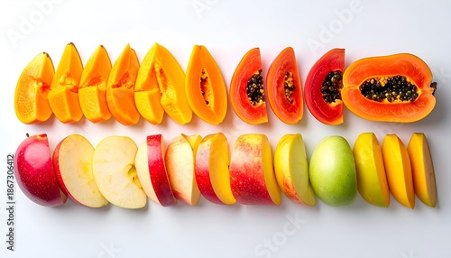 Colorful Assortment of Sliced Fruits - Papaya, Apple, and Mango.