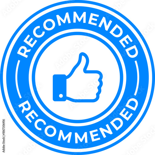 Recommended thumbs up icon blue circle badge with text and approval symbol isolated on white background for endorsement and quality assurance