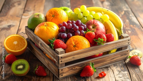 Abundance of Fresh Fruits in Wooden Crate on Rustic Table.
