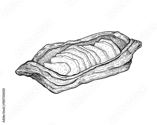 Vector illustration of apple puff pastry in boat shape. A hand drawn sketch of traditional bakery made from flaky layered dough with fruit filling. Sweet pastries for breakfast. Menu design element