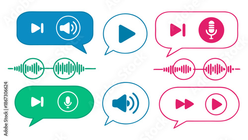Colorful linear voice message icons with sound wave and play button for web design mobile app on transparent background