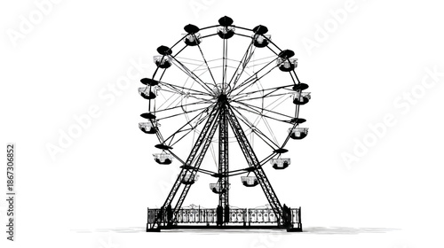 Minimalist Black and White Ferris Wheel Isolated on a Pure White Background - Iconic Carnival Amusement Park Ride