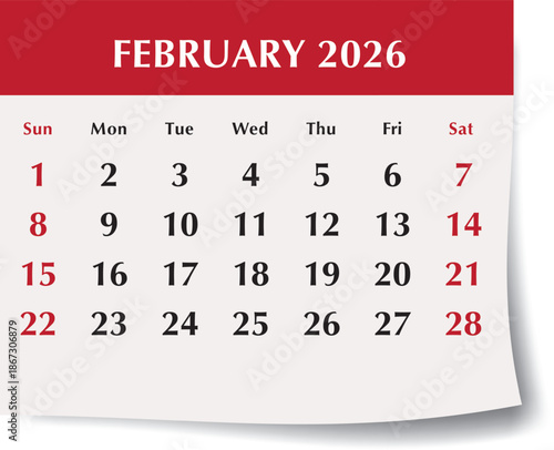 February 2026 calendar month. Monthly vector illustration of English calendar page