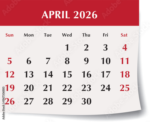 April 2026 calendar month. Monthly vector illustration of English calendar page