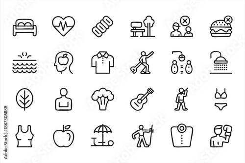 Wellness Lifestyle Icon Set for Meditation, Diet, Exercise and Hygiene UI