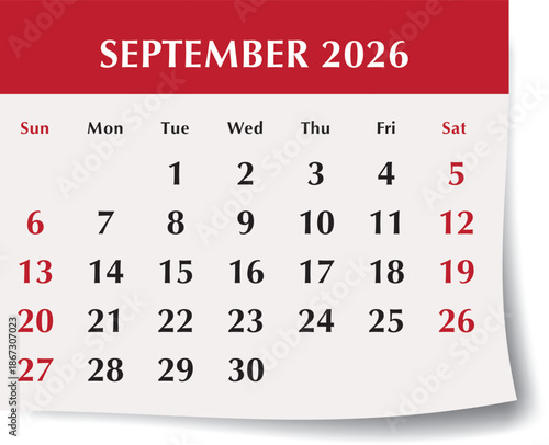 September 2026 calendar month. Monthly vector illustration of English calendar page