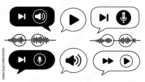 Black outline voice message icons with sound wave and play button for web design mobile app on transparent background