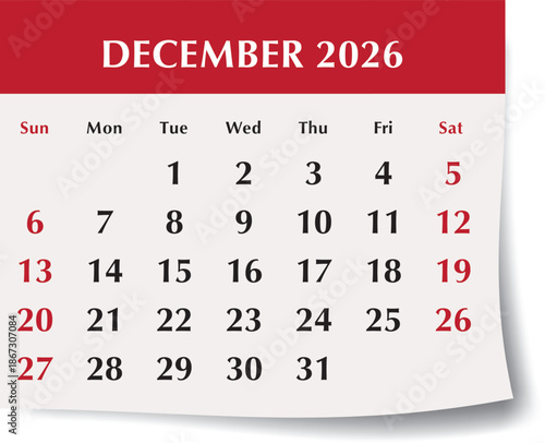 December 2026 calendar month. Monthly vector illustration of English calendar page