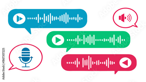 Voice message icon collection, colorful audio waveform with play button in chat bubble, sound wave in speech bubble illustration