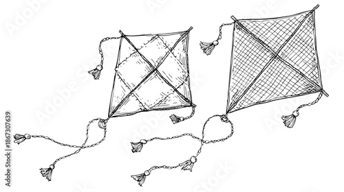 Hand-drawn illustration of two traditional kites with decorative tassels, vintage sketch art, black and white outline.