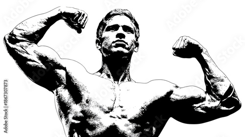 Dynamic black and white illustration of a powerful muscular man flexing biceps, showcasing strength, fitness, and bodybuilding.