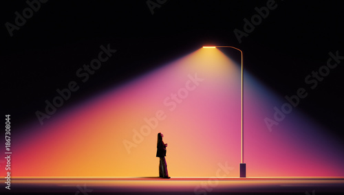 Cinematic composition with lone figure under streetlight on empty stage. Concept of decision making, leadership moment, isolation, business mindset and dramatic visual storytelling.