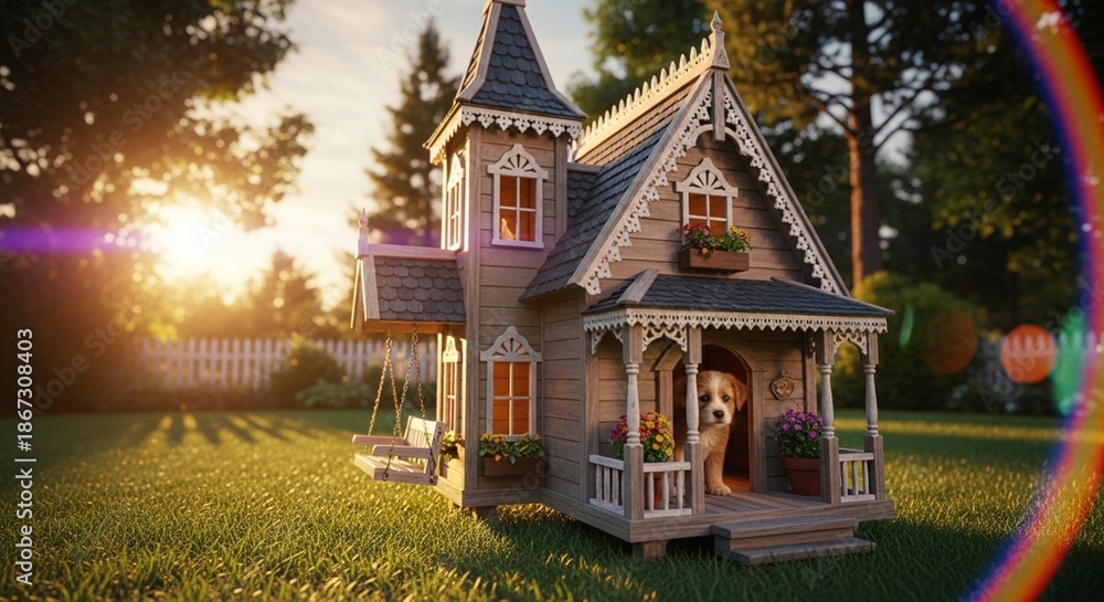 Obraz premium Adorable puppy peeking from a luxurious ornate doghouse in a sunlit garden during cinematic sunset