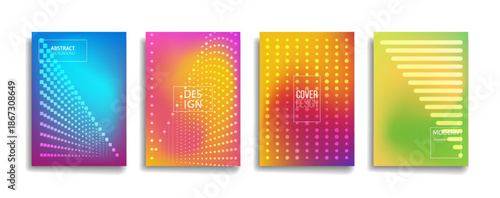 A set of four colorful and abstract background designs with vibrant gradients and geometric patterns. The designs evoke a sense of modernism and creativity