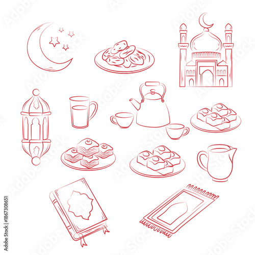 Cute seamless pattern of pink sweet food icons with cakes cups hearts and doodle style designs for celebrations
