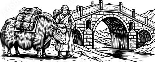 Engraved Illustration of a Traveler with Yak near a Stone Bridge
