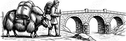 Engraved Illustration of a Traveler with Yak near a Stone Bridge
