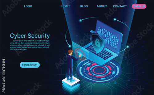 Cyber security concept with laptop and digital shield