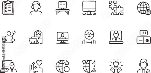 Virtual Office and Digital Nomad Outline Icons for Online Job Sites