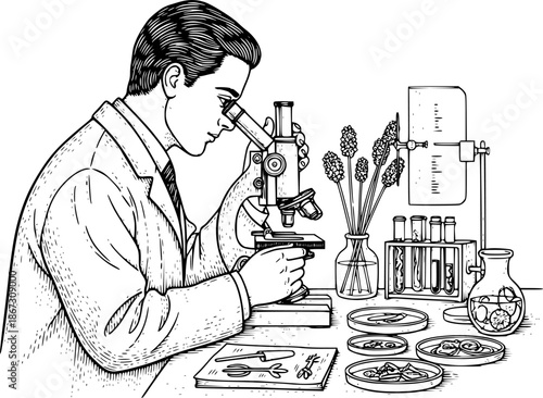 Intricate Engraving of a Doctor Examining Specimens with Microsc
