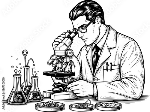 Intricate Engraving of a Doctor Examining Specimens with Microsc
