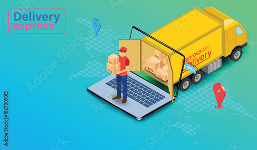 Delivery truck unloading on laptop keyboard