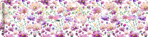 Hand drawn purple cosmos flower seamless pattern. Exotic floral pattern design for fabric, textiles, clothing. Seamless background with purple cosmos flowers. Not AI, Vector illustration
