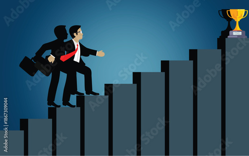 Businessman climbing up a bar graph towards a trophy
